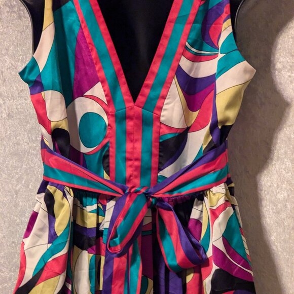 ECI NEW YORK Silk Colorful V Neck Dress Waist Tie Ruching Waist Size 10 - Picture 8 of 9